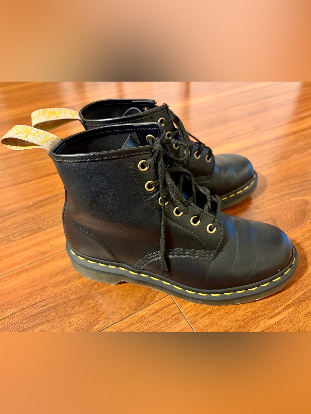 Dr. Martens Classic Black Vegan 1416 Leather Lace-Up Boots with Yellow Stitching